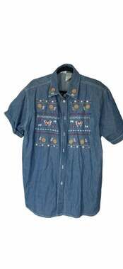 Capacity Vintage 90s Short Sleeve Embroidered Denim Shirt XL Floral‎ _A117